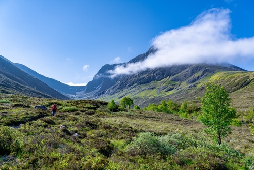 Hikers Walking Towards Ben Nevis Mountain via the North Face Route in Scotland, United Kingdom