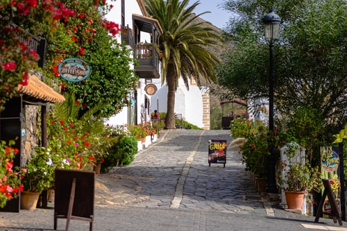 View of a colorful cozy street with a typical white house in the old town of Betancuria, Fuerteventura Island, Canary Islands, Spain