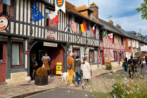 Scenery and shop at Beuvron-en-Auge, a commune in the Calvados department in Normandy, France
