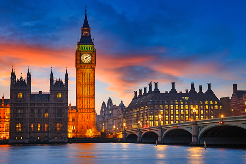 View of Big Ben and Westminster bridge at dusk in London, England, United Kingdom