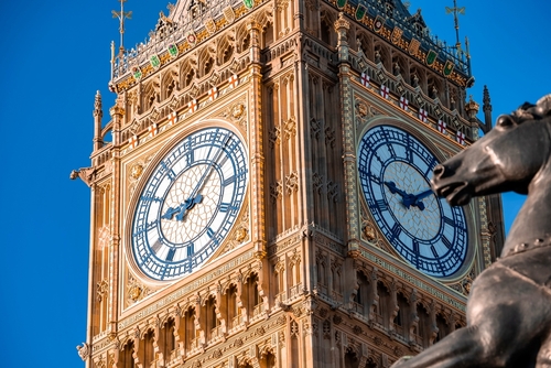Close up view of the Big Ben clock tower and Westminster in London. Amazing details after the renovation of the Big Ben, England, UK