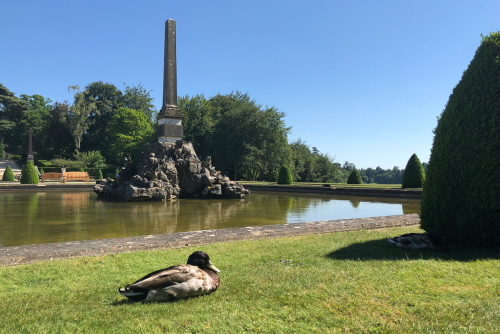 View of the lake statue and gardens at Blenheim Palace, Woodstock, Oxfordshire, England, UK