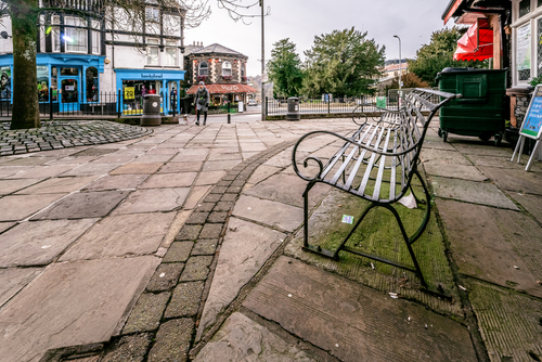 Street of shops in the tourist town Bowness on Windermere in the Lake District, Cumbria, England, United Kingdom