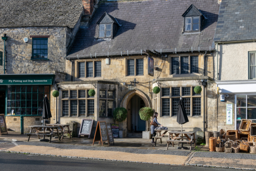 View of The Mermaid Inn, High Street, Burford, the Cotswolds, England, UK