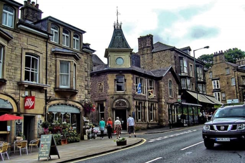 View of a street in Buxton in the Peak District National Park, Derbyshire, England, United Kingdom