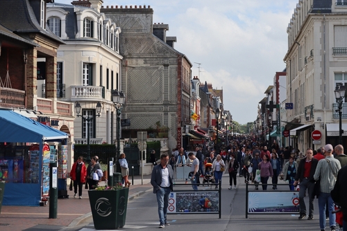 The central pedestrian street of Cabourg, where all the restaurants and shops are located, Normandy, France