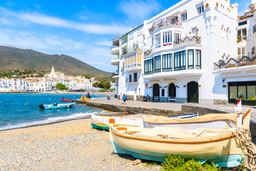 Fishing boats on beach in Cadaques white village, Costa Brava, Catalonia, Spain