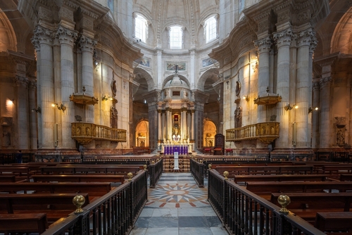 Interior view of the Nave and Main Altar in Cadiz Cathedral, Cadiz, Andalusia, Spain