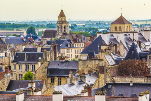View of the city of Caen under the storm from the heights of the castle, Normandy, France