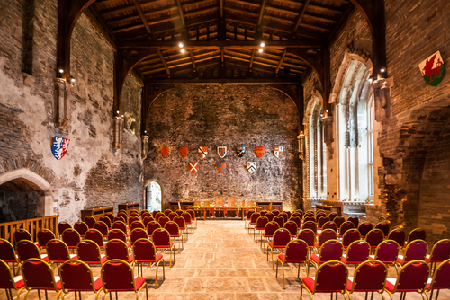 Interior of the Great Hall of Caerphilly Castle. It is medieval fortification located in Caerphilly, South Wales, United Kingdom