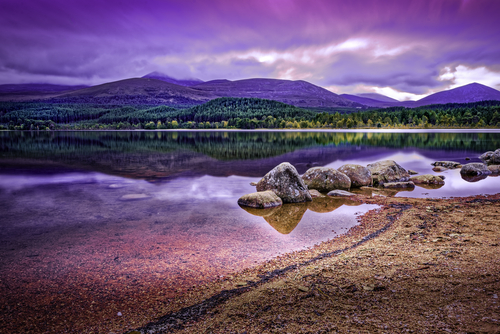 Magnificent view of Loch Morlich in Aviemore, Cairngorms National Park, Scotland, UK