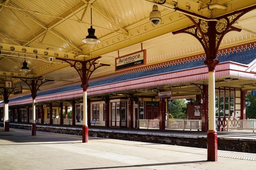 The historic Aviemore train station in the Scottish highlands, Cairngorms National Park, Scotland, United Kingdom
