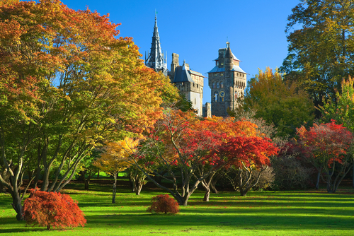 View of Bute park in Autumn with the Cardiff castle in the background, Cardiff, Wales, UK