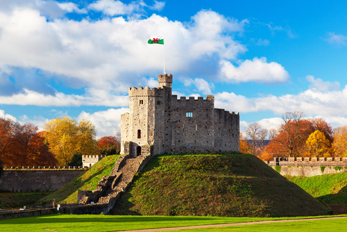 View of Norman Keep, Cardiff Castle in Autumn, Cardiff, Wales, UK