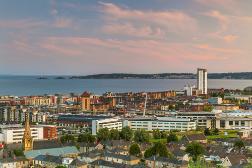 Aerial view of Swansea and the coast, Wales, UK