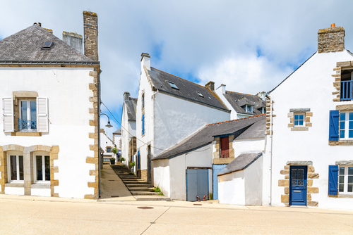 Carnac in Brittany, France, near the gulf of Morbihan, typical white houses in the village