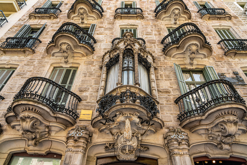 Exterior view of Casa Calvet, a building designed by Antoni Gaudi in 1900 in Barcelona, Catalonia, Spain