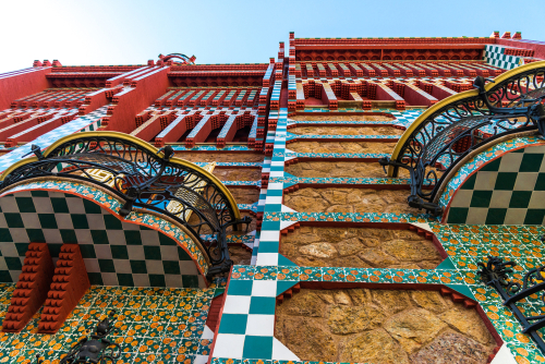 Exterior view of Casa Vicens, the first masterpiece of Antoni Gaudí. Built between 1883 and 1885 as a Summer house for the Vicens family in Barcelona, Catalonia, Spain