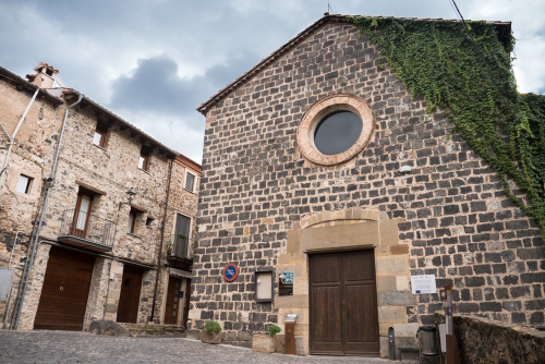 Horizontal view of the front facade of Sant Salvador Church in Castellfolit de la Roca, Catalonia, Spain