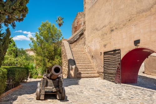 Cannon in courtyard of the Gibralfaro Castle (Castillo de Gibralfaro), Malaga, Andalusia, Spain