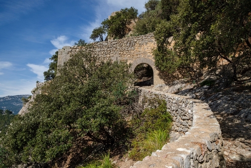 Main entrance to the ruins of the castle of Alaro in the Natural Park of Tramuntana on the island of Mallorca, Balearic Islands, Spain