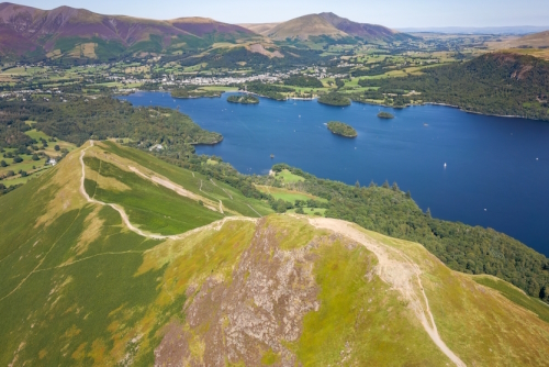 Aerial view of the spectacular Catbells ridge overlooking Derwentwater in the English Lake District National Park, Cumbria, England, UK