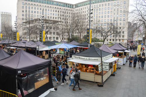 Southbank Centre Food Market beside the Royal Festival Hall and Victoria Park Market in south Hackney, a locally renowned Sunday treasure in London, England, UK