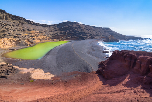 Beautiful view of Los Clicos Beach and Green Lake from Charco de Los Clicos viewpoint, El Golfo, Lanzarote island, The Canary Islands, Spain