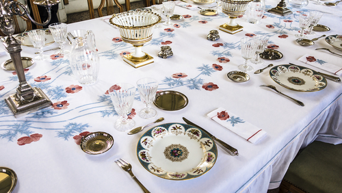 Chateau de Bizy, table set for lunch, with silver cutlery, china plates, crystal glasses and various objects in silver, Normandy, France