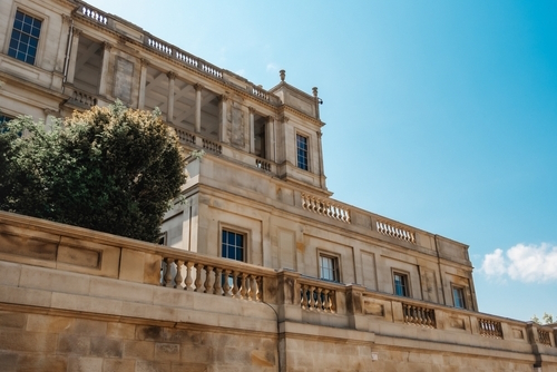 Exterior view of the historic Chatsworth Manor house, located in the Peak District National Park, Derbyshire, England, United Kingdom