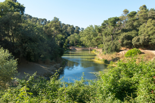 Panoramic view of the Vallvidrera reservoir, on the Collserola mountain at the Collserola Park, Barcelona, Catalonia, Spain