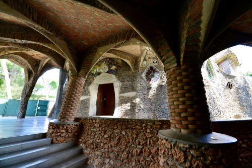 Interior view of the church in Colonia Guell, modernist religious building designed by Antoni Gaudi near Barcelona, Catalonia, Spain