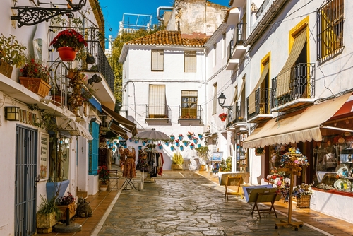 Street view of Marbella Old Town with its shops, near Malaga, Costa del Sol, Andalusia, Spain