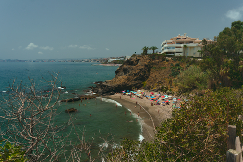 View of the beach Playa Las Viborillas and its facilities, Benalmadena, Costa del Sol, Andalusia, Spain