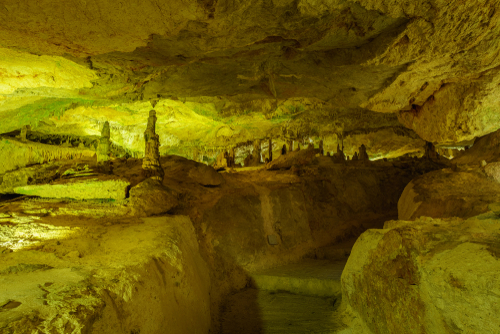 Interior view of Can Marca cave in Sant Miquel bay, Ibiza island, Balearic Islands, Spain