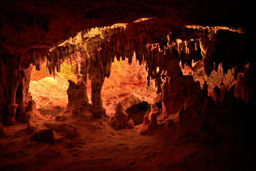 Interior view of Can Marca cave in Sant Miquel bay, Ibiza island, Balearic Islands, Spain