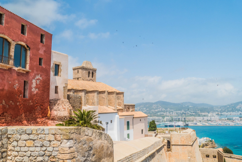 Dalt Villa in Ibiza Old Town UNESCO heritage site with the sea and harbour to the right, Ibiza Island, Balearic Islands, Spain
