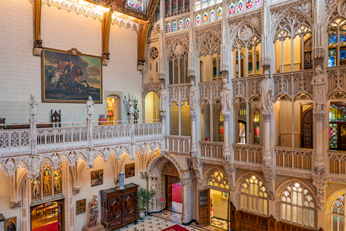 Details of the richly decorated Main Hall of De Haar Castle, seen from the 1st floor near Amsterdam, Holland