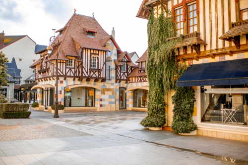 Street view with beautiful old houses in the center of Deauville town, Famous french resort in Normandy, France