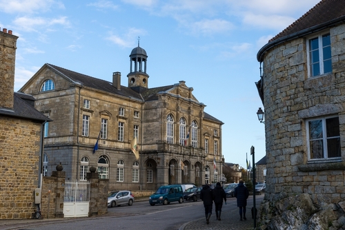Domfront-en-Poiraie City Hall in winter, Normandy, France