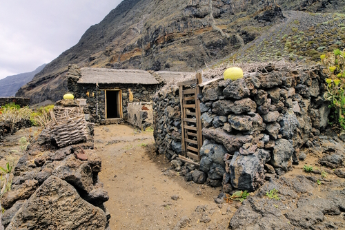 Exterior facades of abandoned stone made houses in a Medieval village in the Eco Museum of Guinea, El Hierro Island, The Canary Islands, Spain