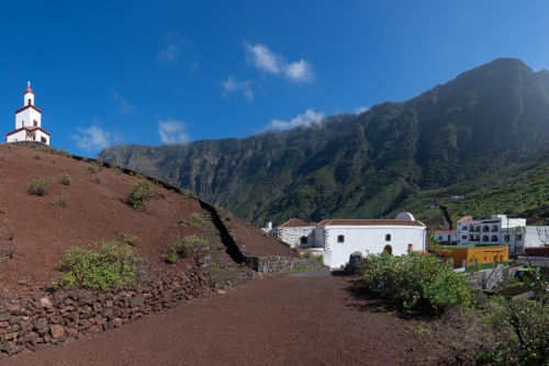Way to the bell tower behind the church, the landmark of the town in the El Golfo Valley, El Hierro Island, The Canary Islands, Spain