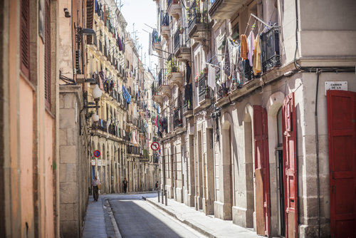 Street view at El Raval quarter in Barcelona, Catalonia, Spain