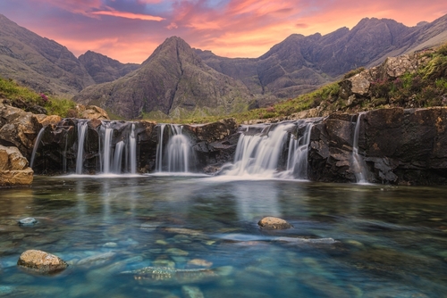 Amazing sunset at the Fairy Pools, Glen Brittle, Isle of Skye, Scotland, United Kingdom