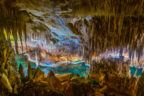 Beautiful lights at the Cuevas de Arts, Canyamel, Mallorca island, Balearic Islands, Spain