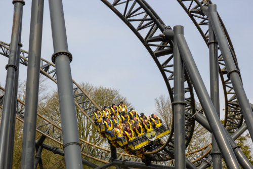 People riding the Smiler rollercoaster at the Alton Towers Theme Park in Staffordshire, England, UK