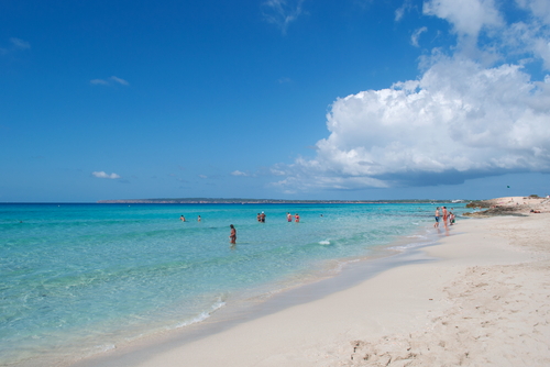 View of Platja de Migjorn beach, the Noon beach, is the largest beach of the island, 6 kilometers long, Formentera island, Balearic Islands, Spain