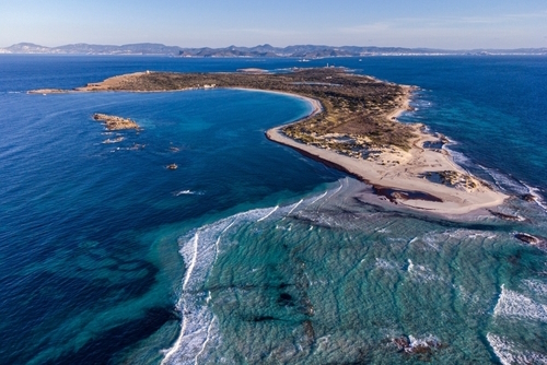 Aerial view of Espalmador Island, Formentera island, Balearic Islands, Spain