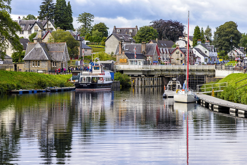 Fort Augustus, the Caledonian canal at the Loch Ness lake. The Canal connects the Scottish east coast at Inverness with the west coast at Corpach near Fort William, Scotland, United Kingdom
