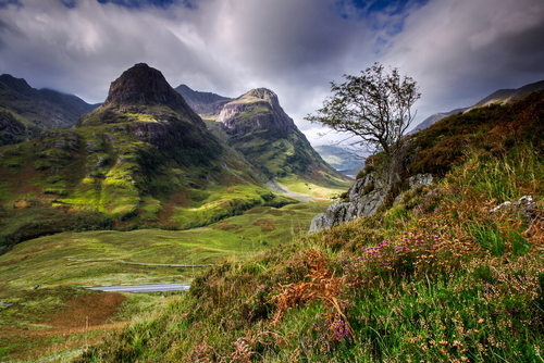 Breathtaking view of the valley below the mountains of Glencoe, Lochaber, Highlands, Scotland, UK